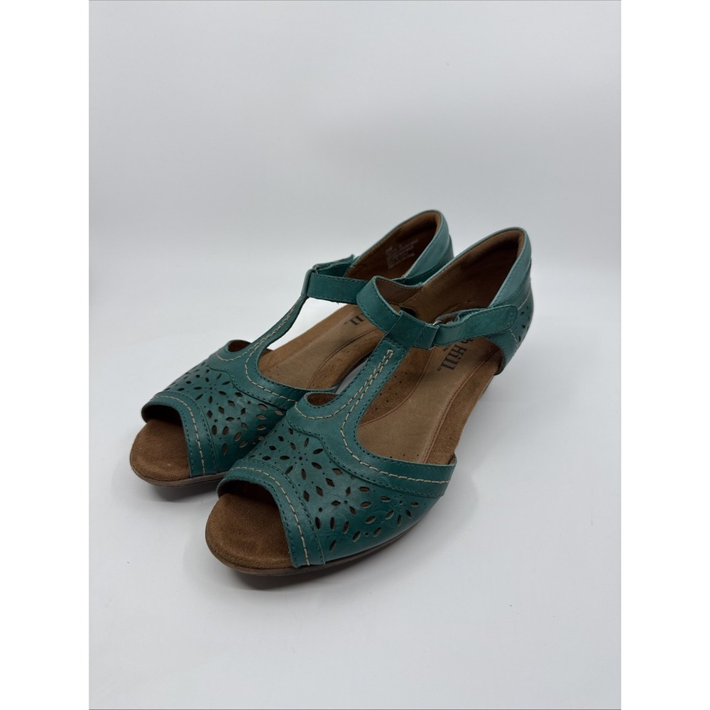 Cobb Hill Womens Teal Leather T-Strap Heel Sandals Size 9W Boho Comfort